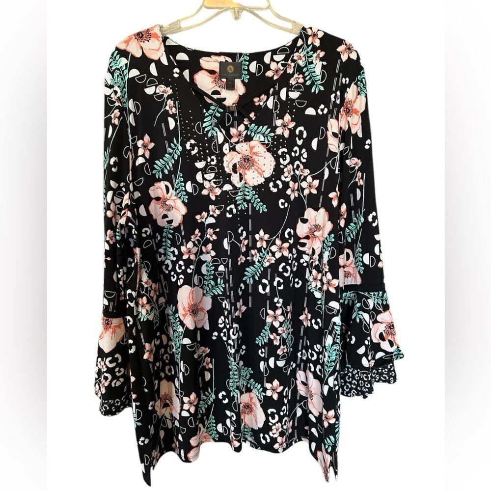 JM Collection Black Floral Ruffle Sleeve BlouseTunic XXL